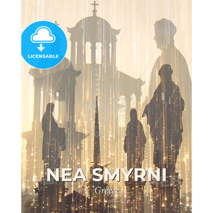 Nea Smyrni Double Exposure City Skyline Art Poster - A group of people standing in front of a building - Square format print template