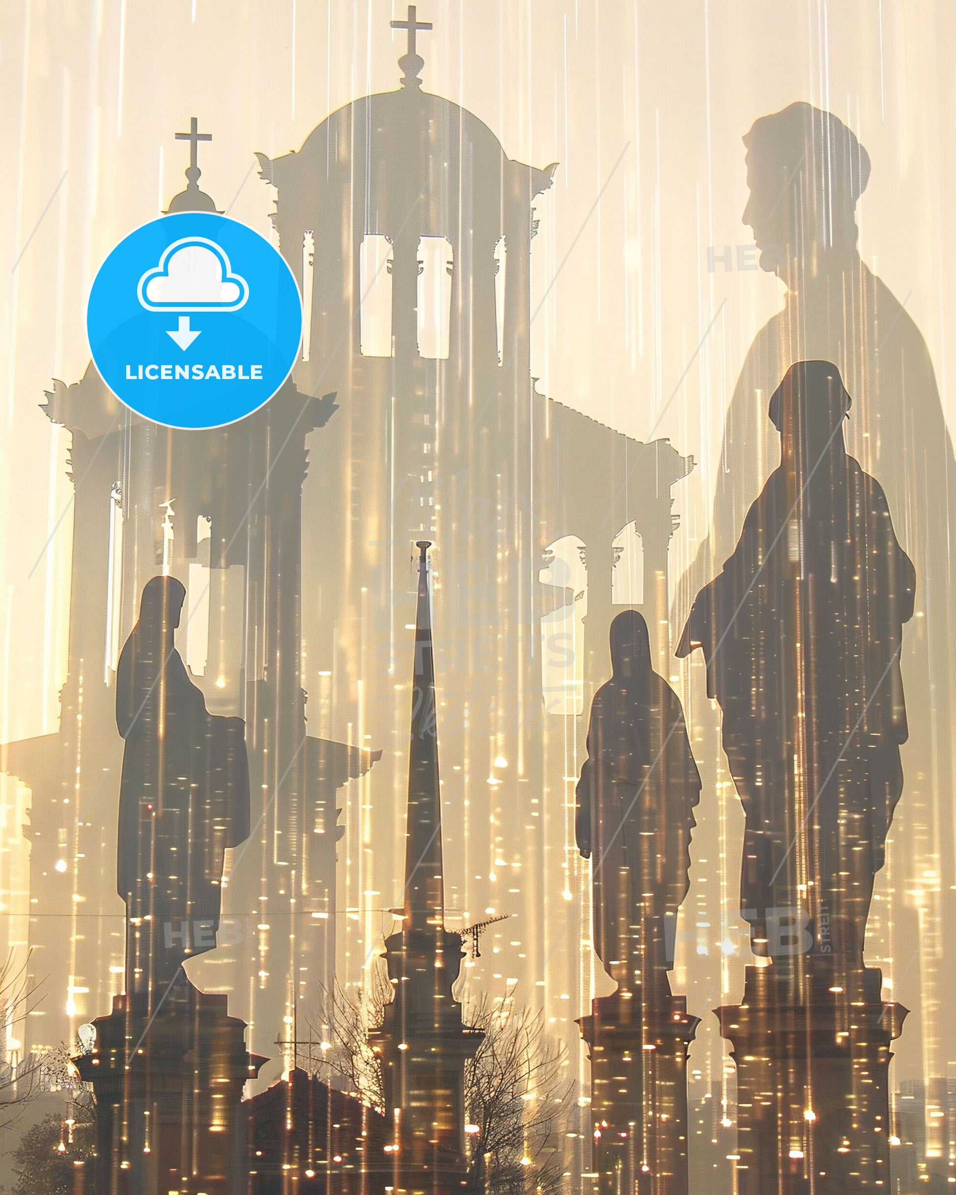 Nea Smyrni Double Exposure City Skyline Art Poster - A group of people standing in front of a building