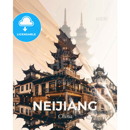 Neijiang City Skyline Double Exposure Poster Art - A building with a tower - Square format print template