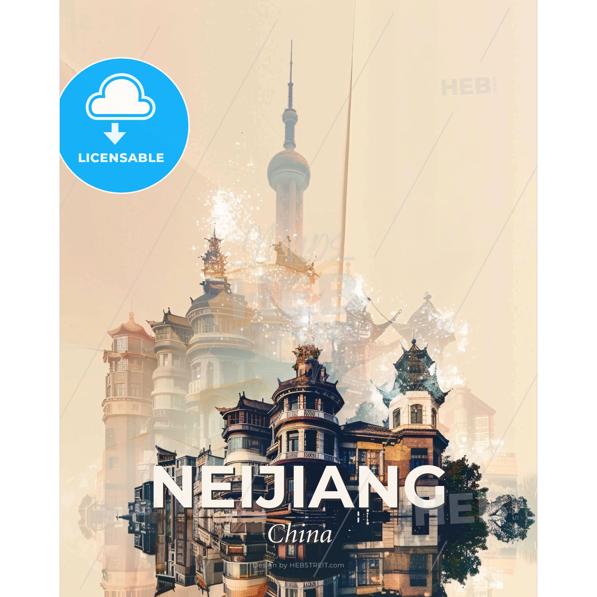 Neijiang China Double Exposure Skyline - A city with many buildings - Square format print template