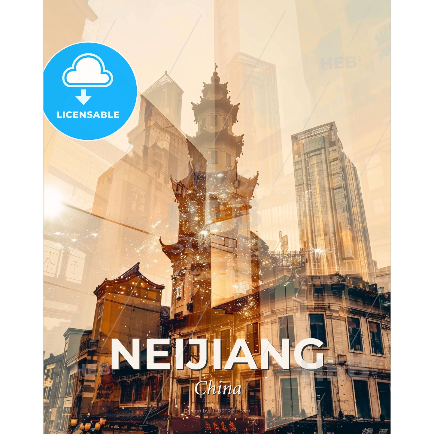 Neijiang City Skyline Composite Art Poster - A city with many buildings - Square format print template