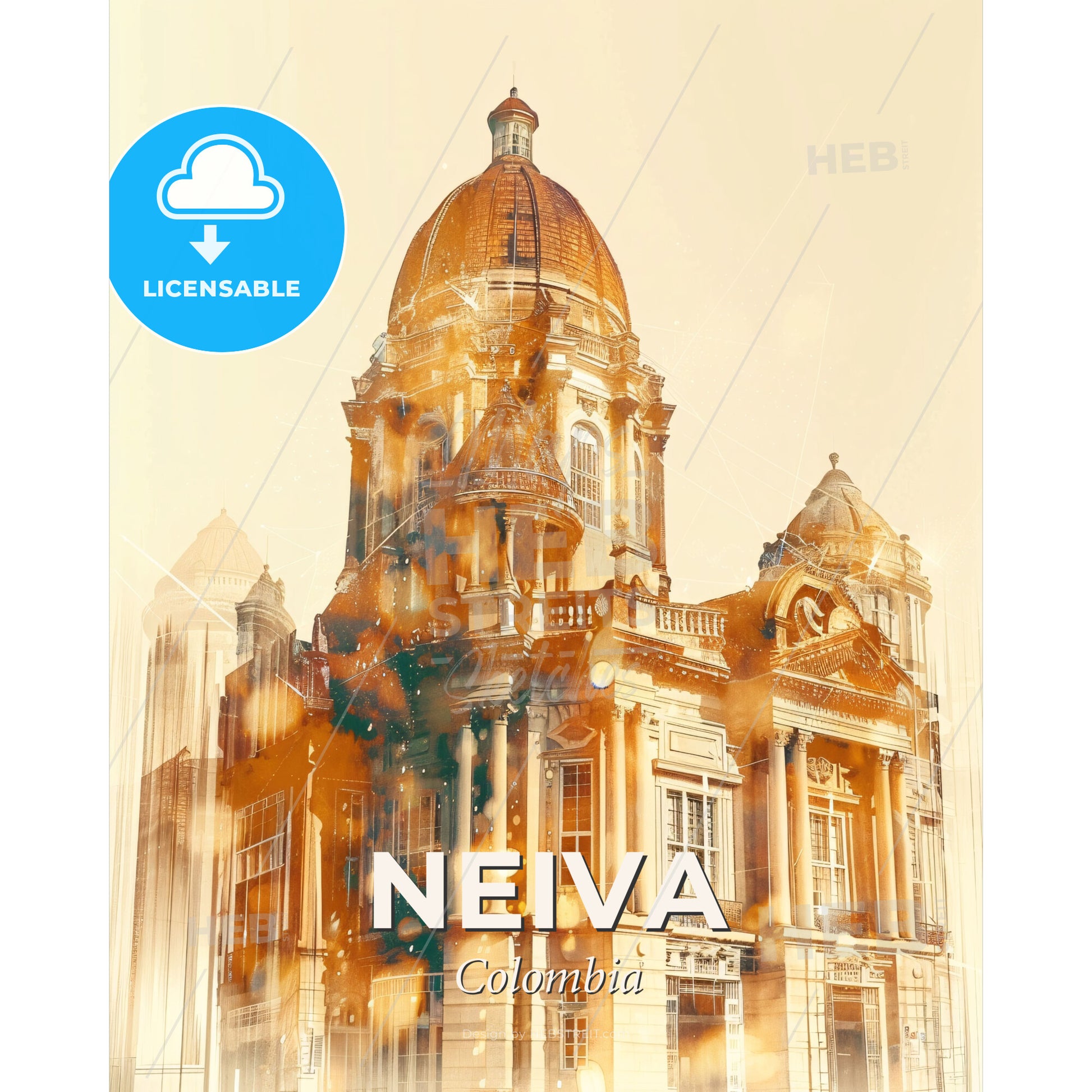 Neiva Skyline: Local Icons Vibrant Hues - A building with a dome on top - Square format print template