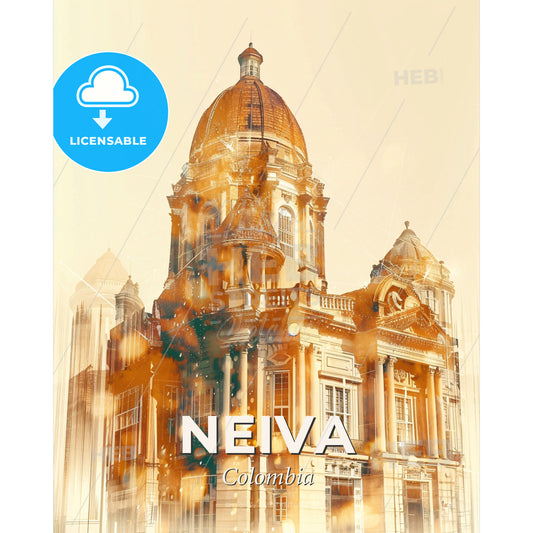 Neiva Skyline: Local Icons Vibrant Hues - A building with a dome on top - Square format print template
