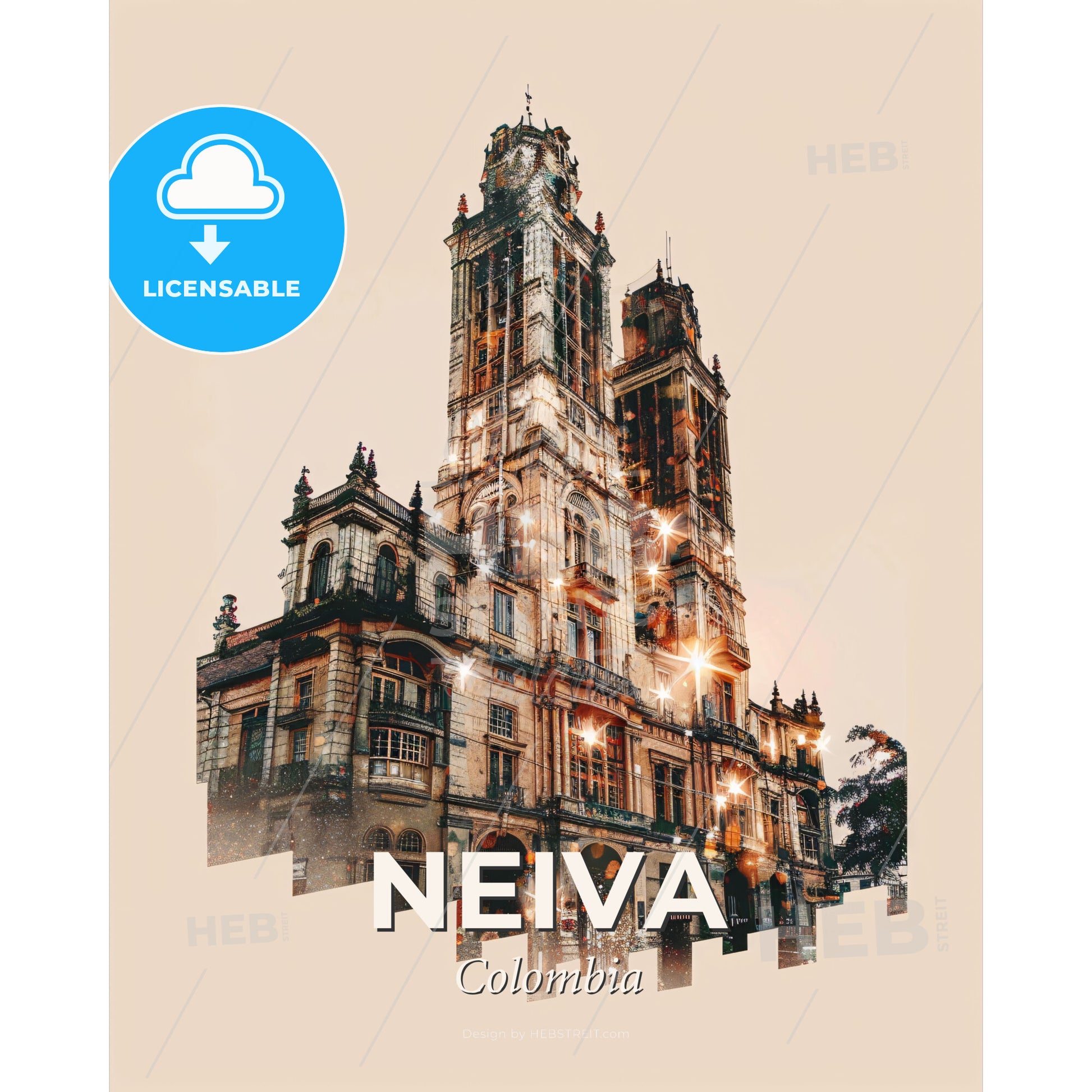 Neiva Colombian City Skyline Composite Poster Art - A building with many windows - Square format print template