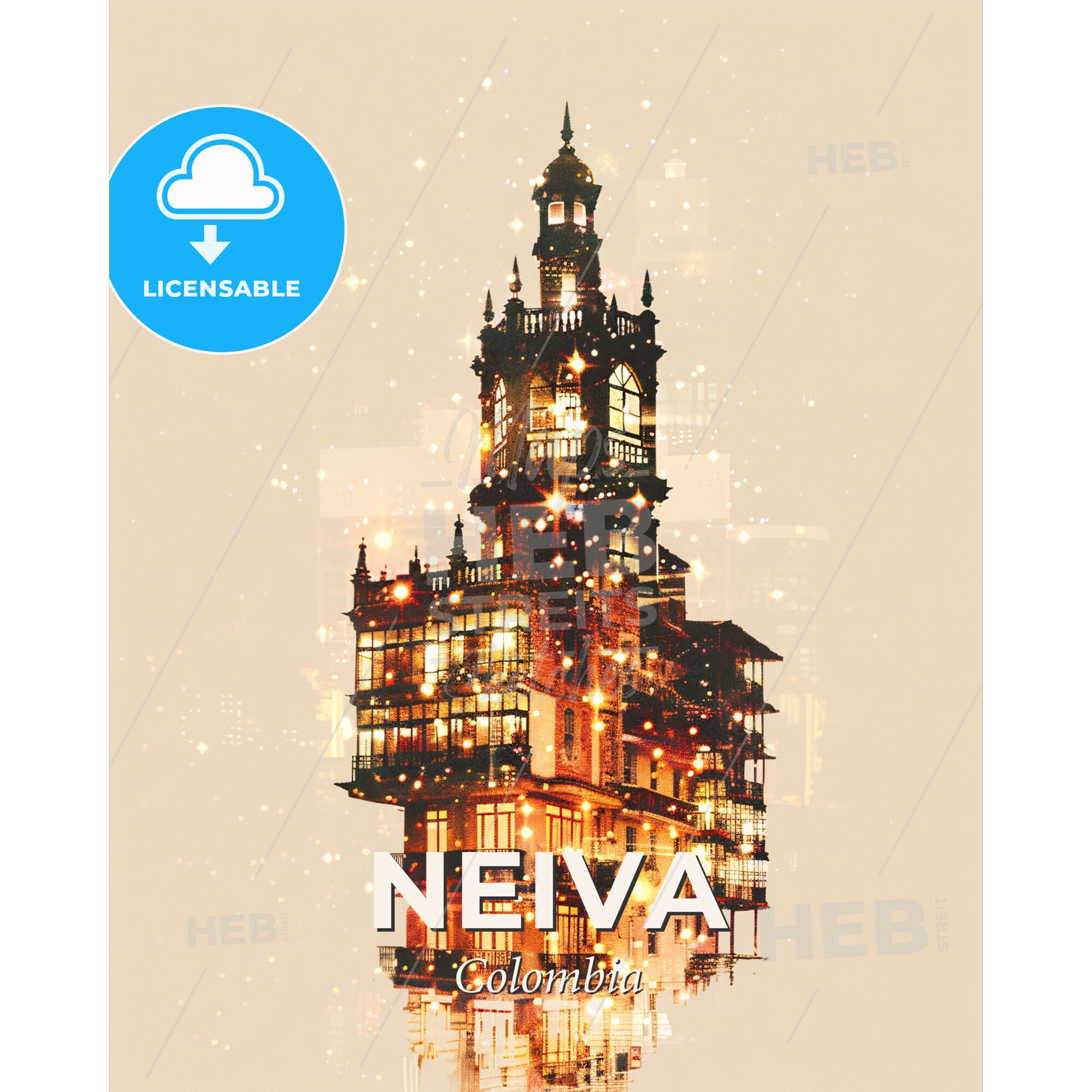 Neiva Skyline Composite Art, Sparkling Hues - A building with many windows and lights - Square format print template