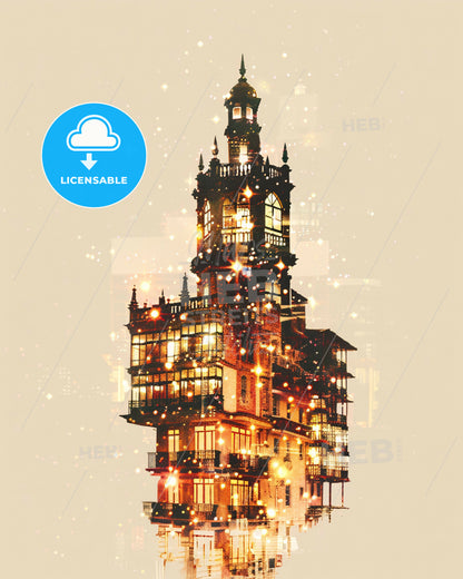 Neiva Skyline Composite Art, Sparkling Hues - A building with many windows and lights