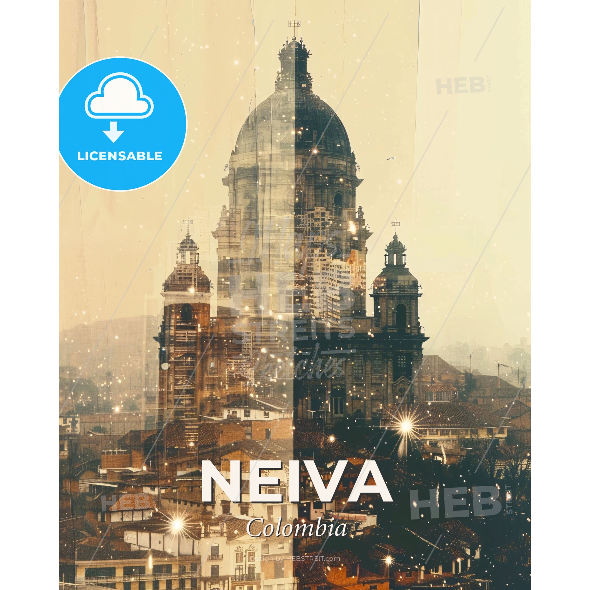 Neiva, Colombia Cityscape Poster Art - A city with a dome and a building - Square format print template
