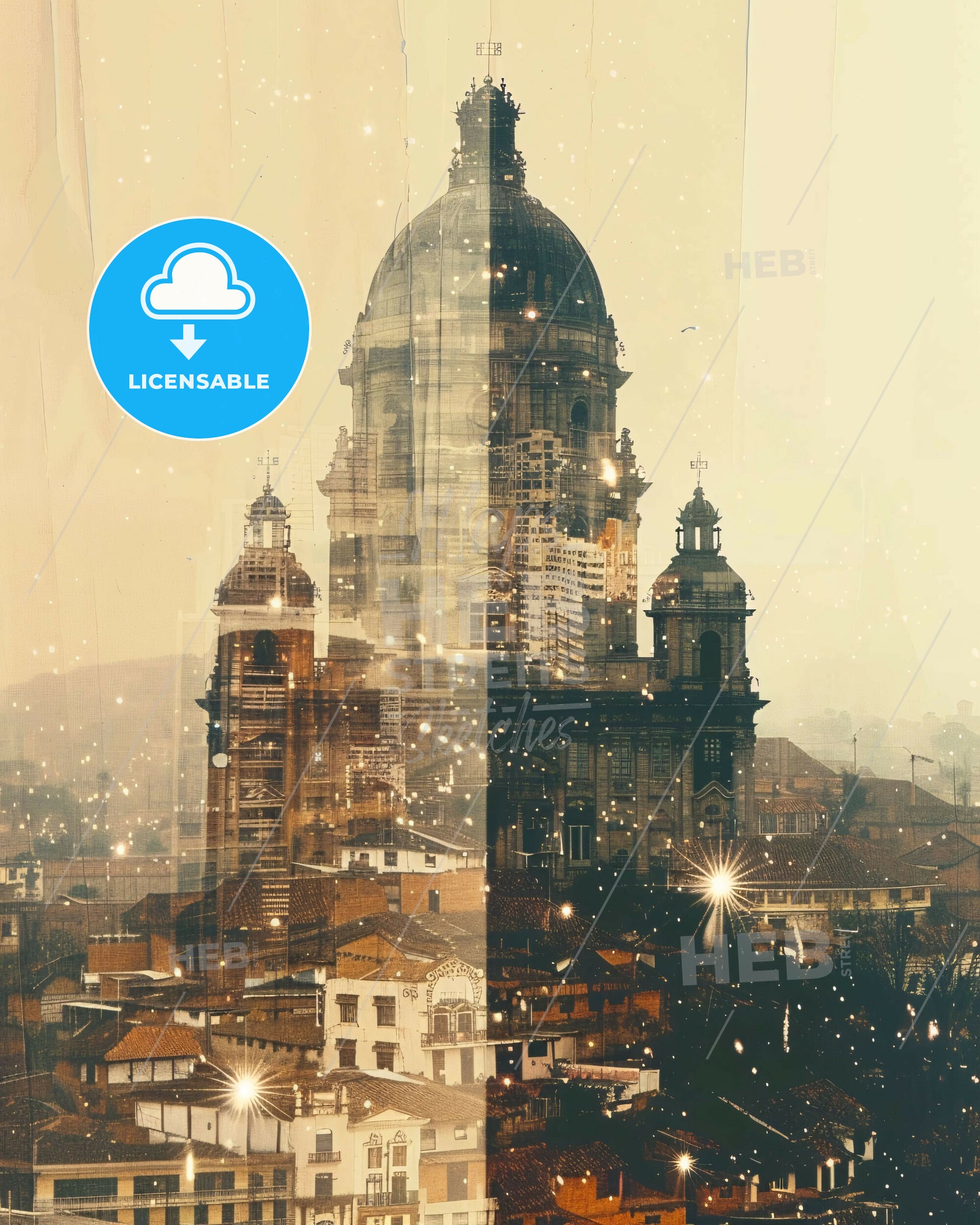 Neiva, Colombia Cityscape Poster Art - A city with a dome and a building