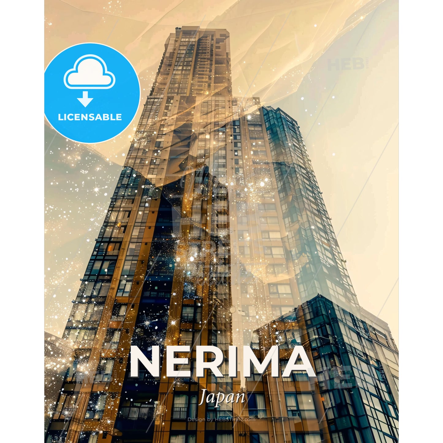 Nerima Skyline Double Exposure Art with Sparkles - A double exposure of a tall building - Square format print template