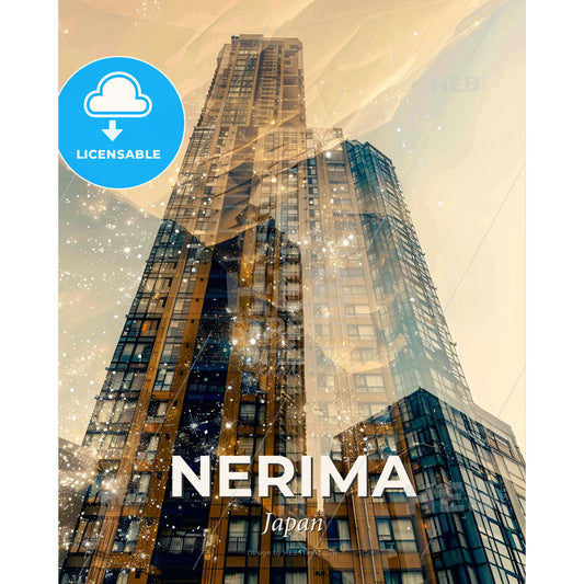 Nerima Skyline Double Exposure Art with Sparkles - A double exposure of a tall building - Square format print template
