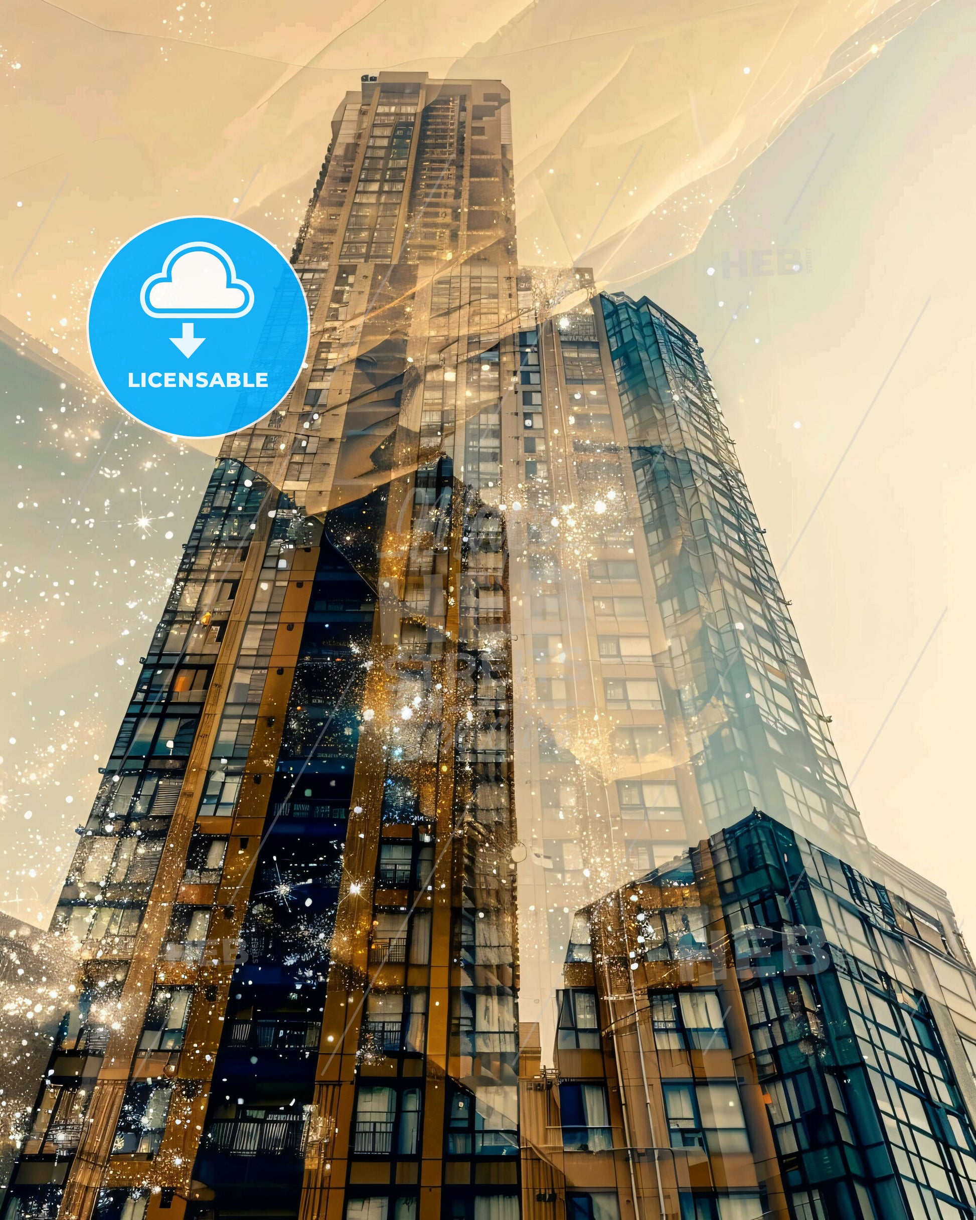 Nerima Skyline Double Exposure Art with Sparkles - A double exposure of a tall building