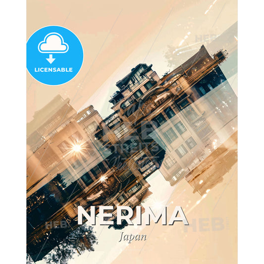 Nerima Skyline Double Exposure Composite Art - A building with a reflection of the sun - Square format print template