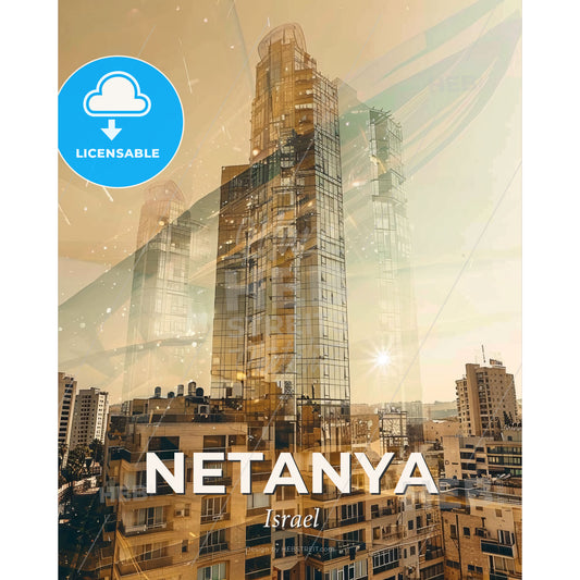 Netanya Skyline Bright Beige Double Exposure Art - A city with tall buildings - Square format print template