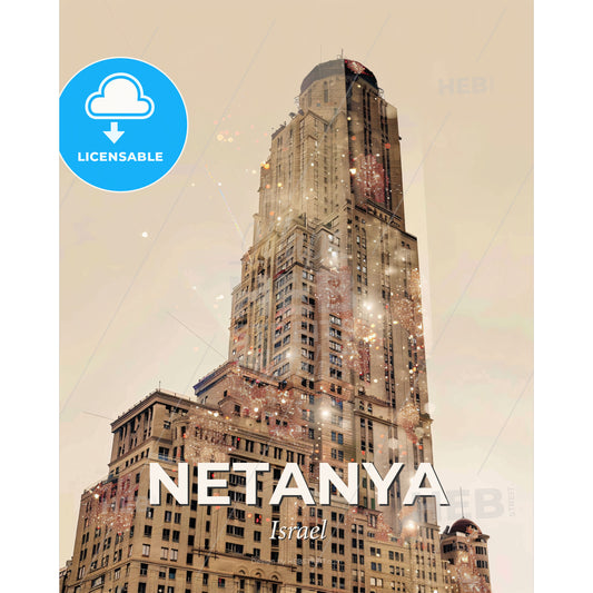 Netanya's Local Charm: Cityscape Sparks and Beige - A tall building with many windows - Square format print template
