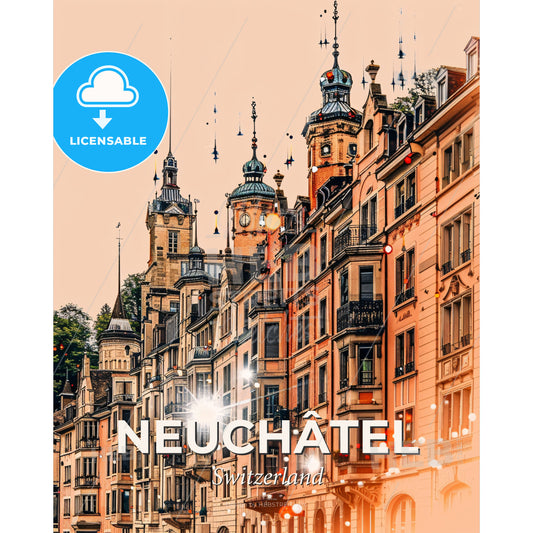 Enchanting Neuchâtel Skyline: Composite Artwork Poster - A city street with buildings and a street light - Square format print template