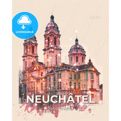 Neuchâtel City Skyline Mosaic Poster - A building with towers and a tree - Square format print template