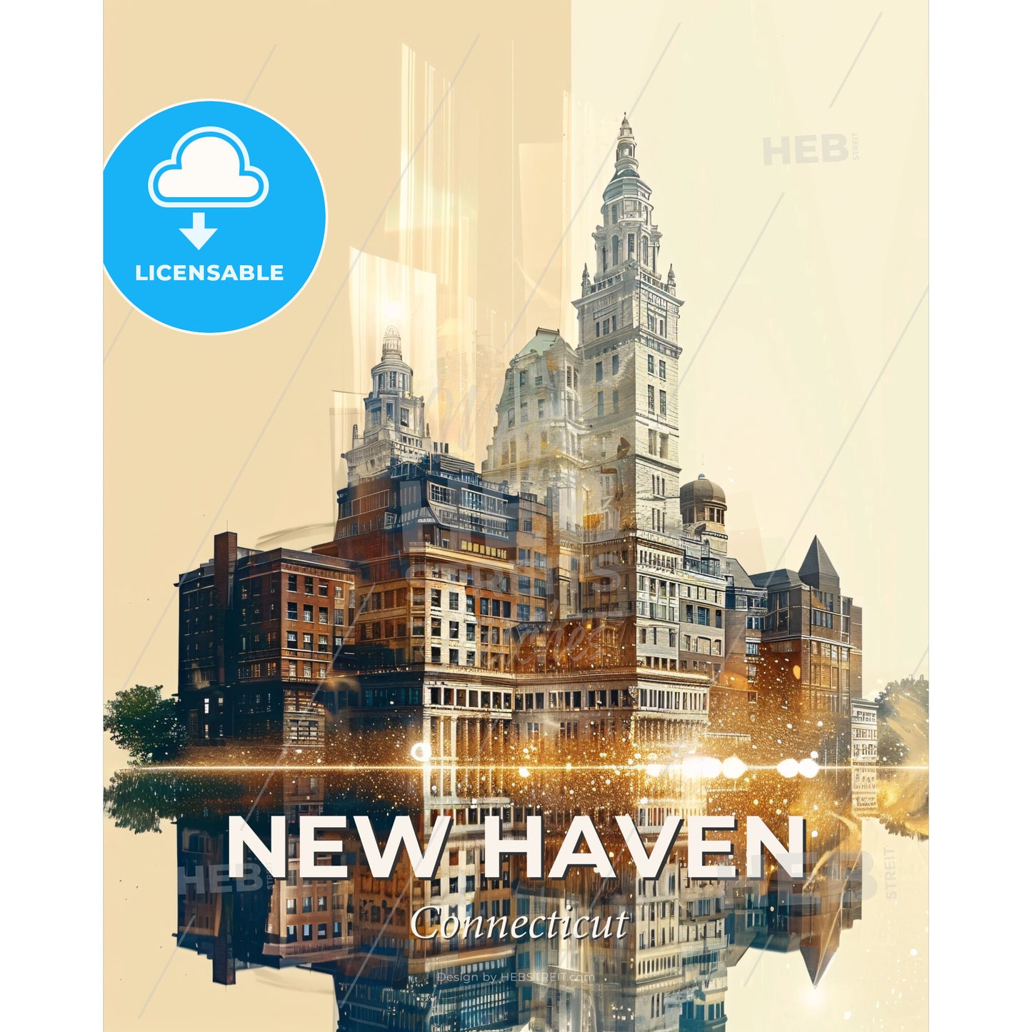New Haven Double Exposure Skyline Poster - A city with many buildings reflected in water - Square format print template