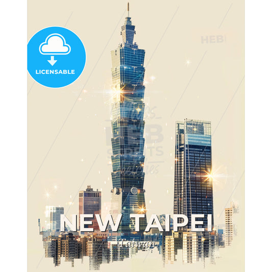 New Taipei City Double Exposure Skyline Poster Art - A tall building in Taipei 101 - Square format print template