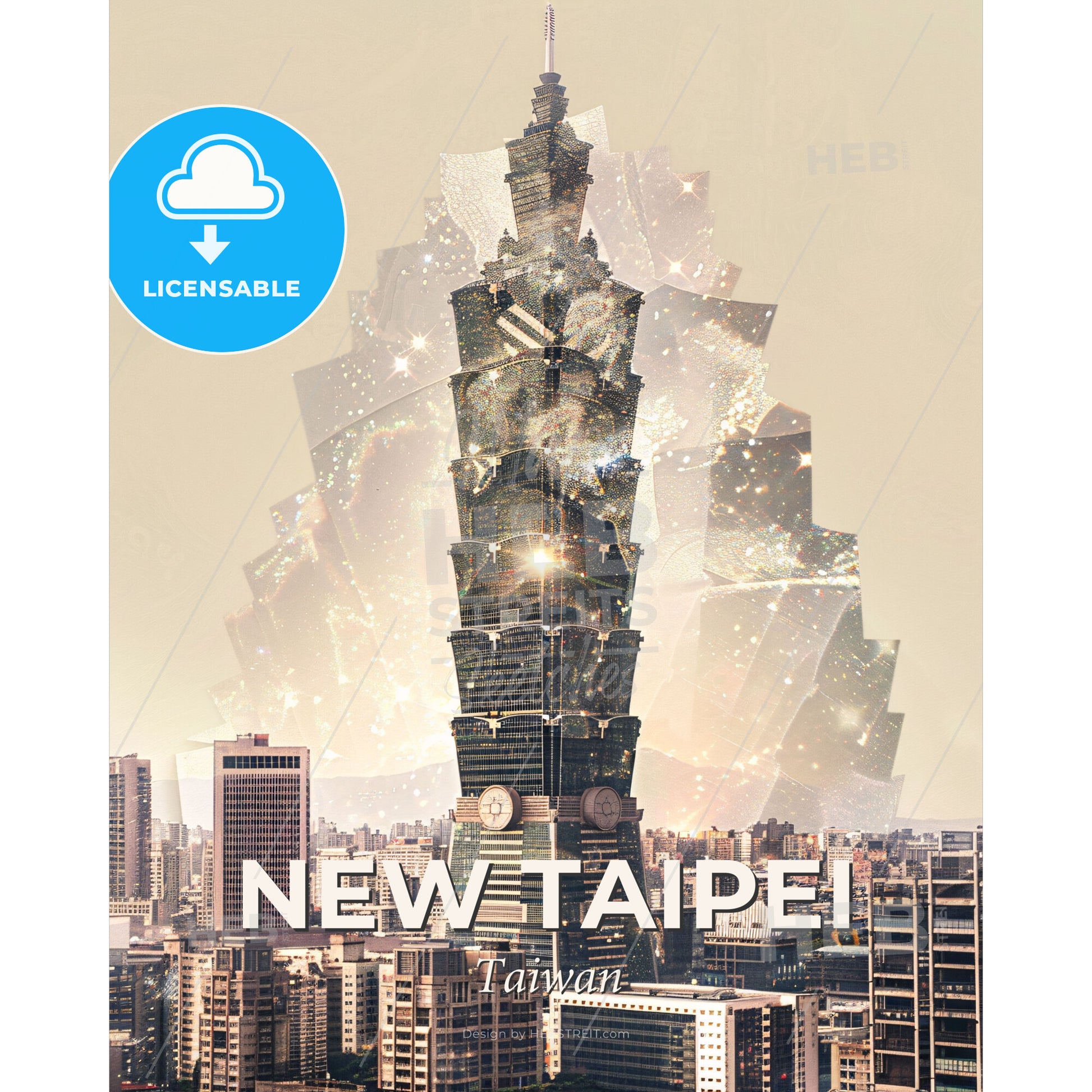 New Taipei Skyline Double Exposure Poster Art - A large city with a tall building - Square format print template