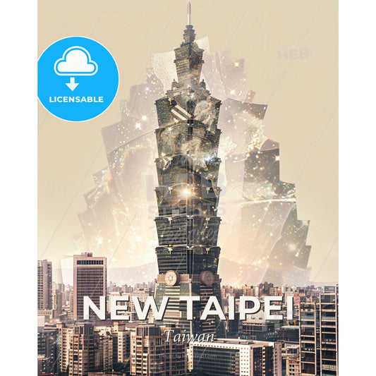 New Taipei Skyline Double Exposure Poster Art - A large city with a tall building - Square format print template