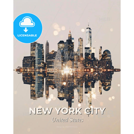 New York City Skyline Composite Art Poster - A city skyline reflected in water - Square format print template