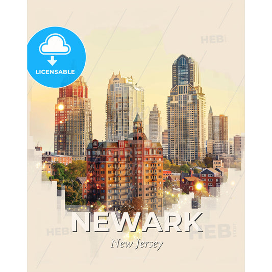 Newark City Sparkle Skyline Wall Art - A city skyline with many tall buildings - Square format print template