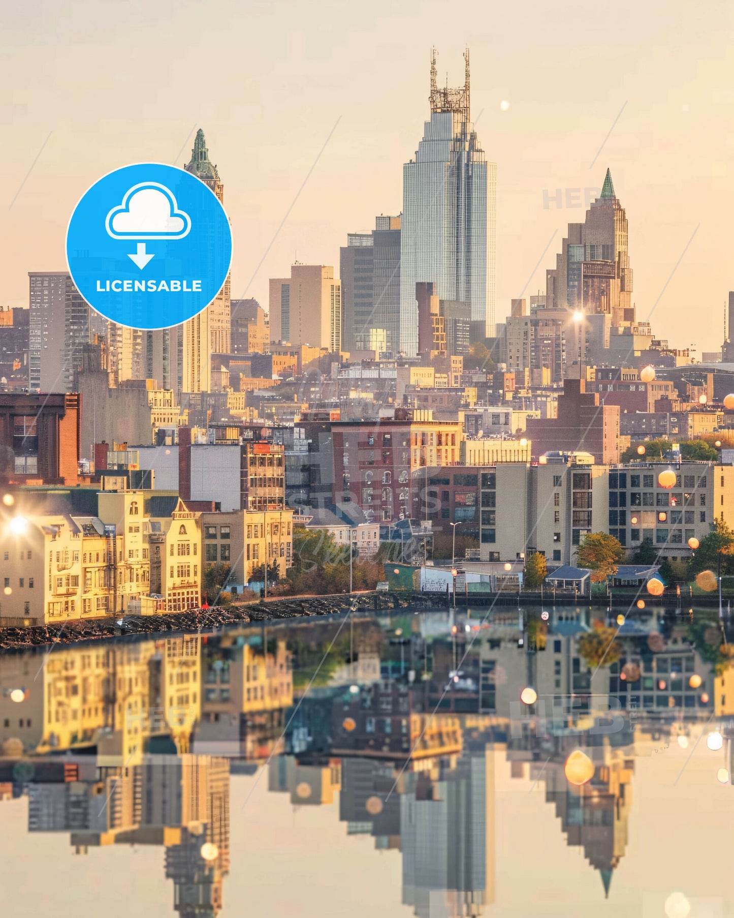 Newark Skyline: Double Exposure Art Composite - A city with a body of water