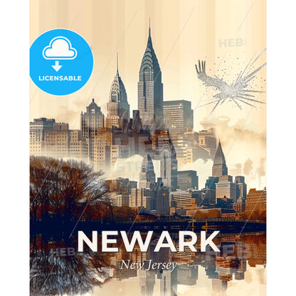Newark Skyline Double Exposure Poster Art - A city with trees and a body of water - Square format print template