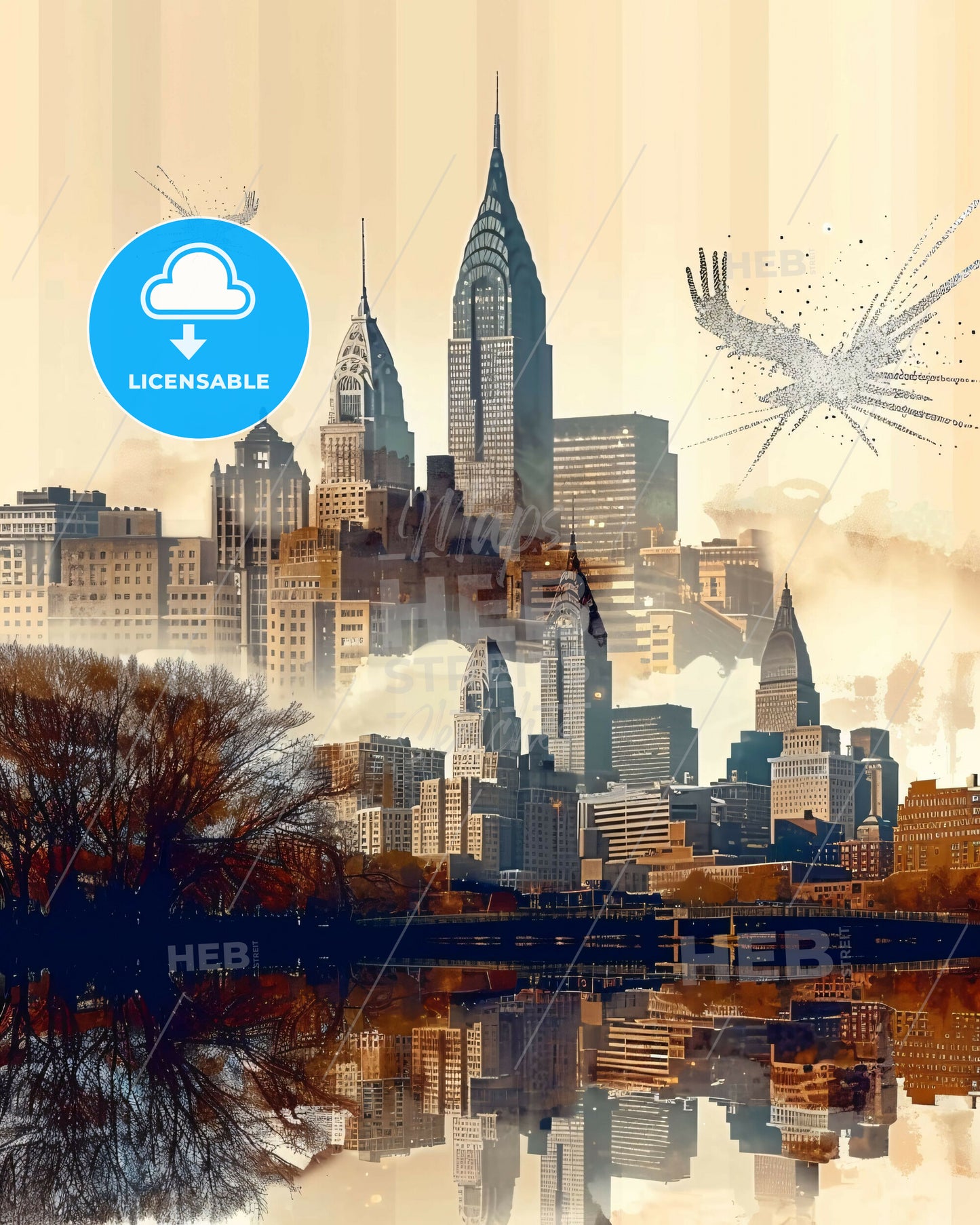 Newark Skyline Double Exposure Poster Art - A city with trees and a body of water
