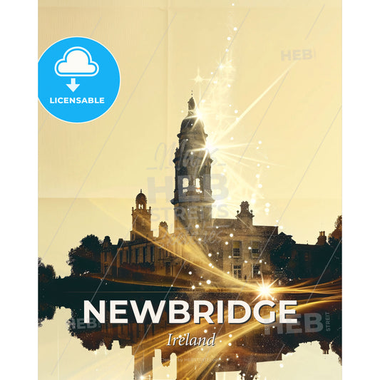 Newbridge Double Exposure Cityscape Art - A building with a tower and a light shining on it - Square format print template