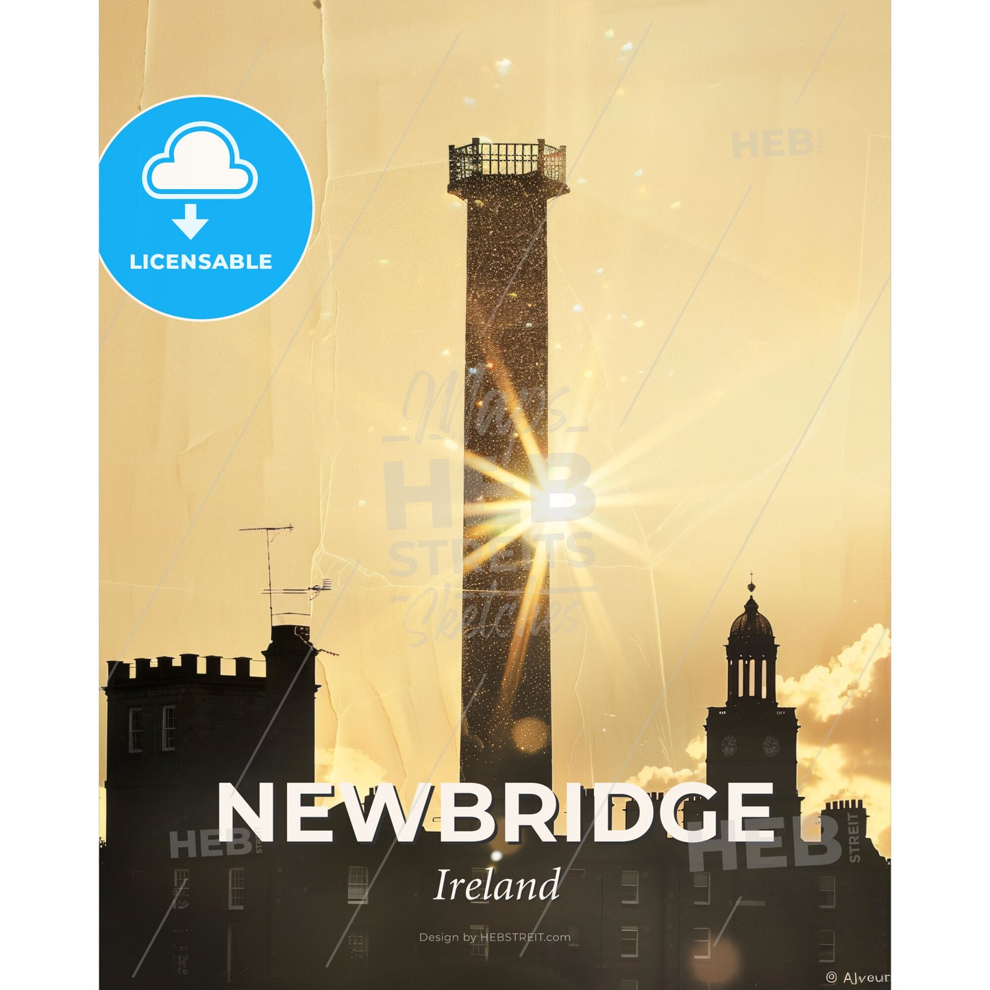 Newbridge Ireland Silhouette City Lights Poster - A silhouette of a tower with a sun shining through it - Square format print template