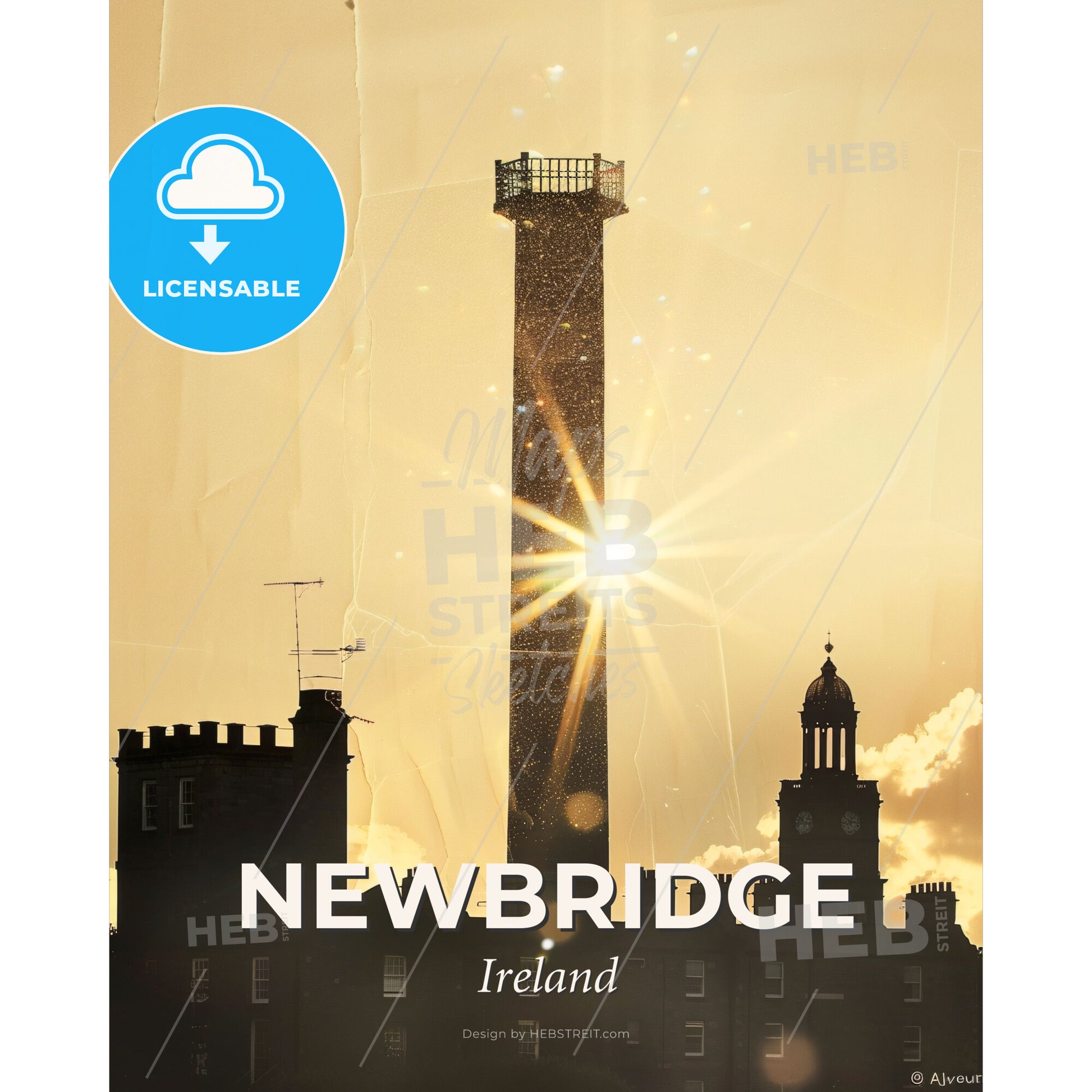 Newbridge Ireland Silhouette City Lights Poster - A silhouette of a tower with a sun shining through it - Square format print template