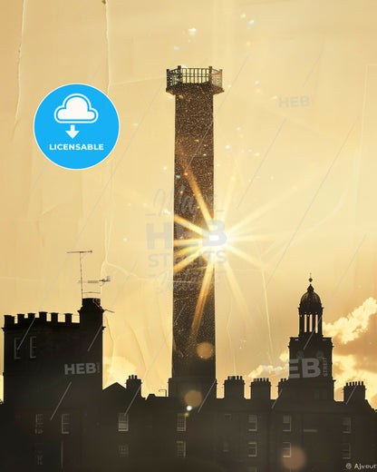 Newbridge Ireland Silhouette City Lights Poster - A silhouette of a tower with a sun shining through it