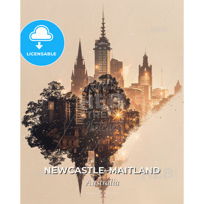 Newcastle-Maitland: Sunlit Cityscape Poster - A city with trees and buildings - Square format print template
