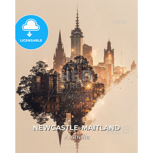 Newcastle-Maitland: Sunlit Cityscape Poster - A city with trees and buildings - Square format print template