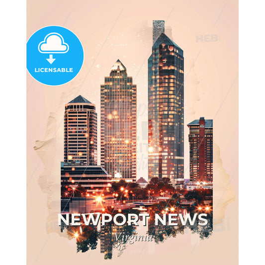 Newport News Skyline Double Exposure Poster - A city skyline with many tall buildings - Square format print template