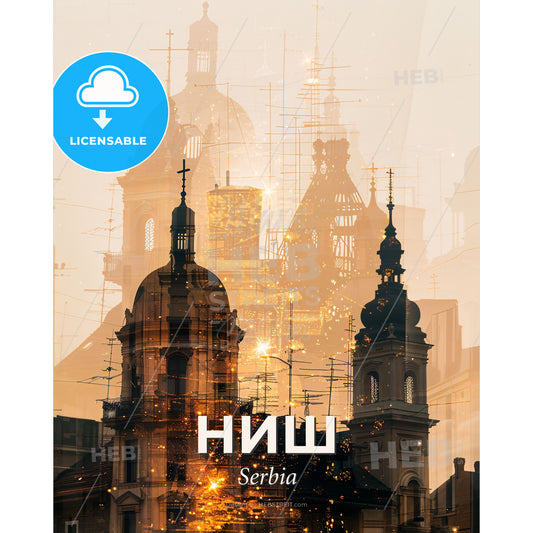 Nis, Serbia: City Icons in Double Exposure - A double exposure of a building - Square format print template