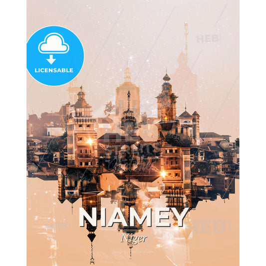 Niamey Skyline Double Exposure Art Poster - A city with many buildings reflected in water - Square format print template