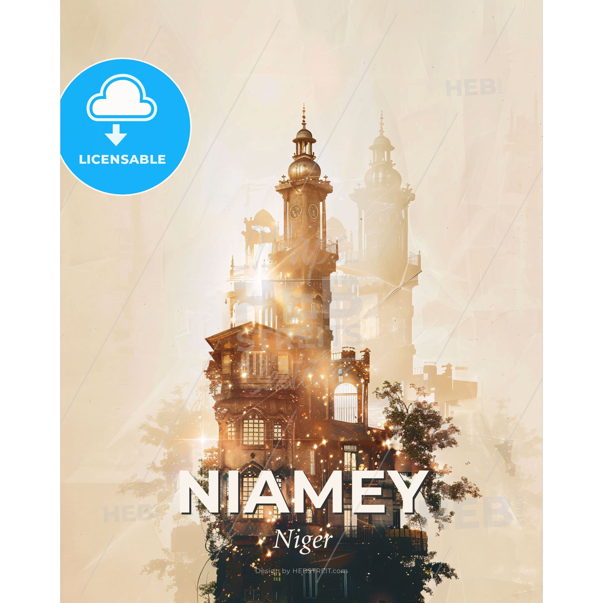 Niamey City Skyline Double Exposure Poster - A building with a tower and a tree - Square format print template
