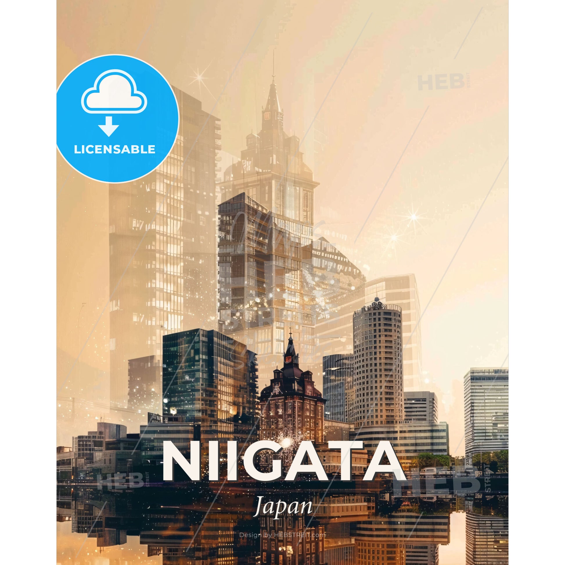 Niigata Skyline Night Sparkles Bright Beige - A city skyline with many tall buildings - Square format print template