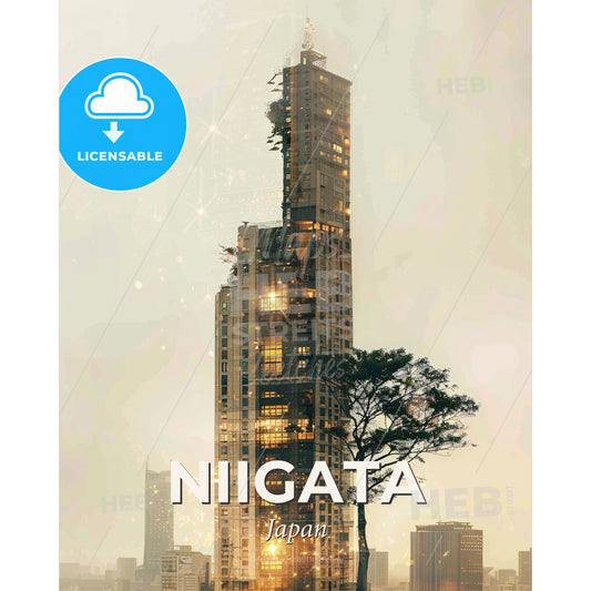Niigata Skyline Double Exposure Poster Art - A tall building with a tree in front of it - Square format print template