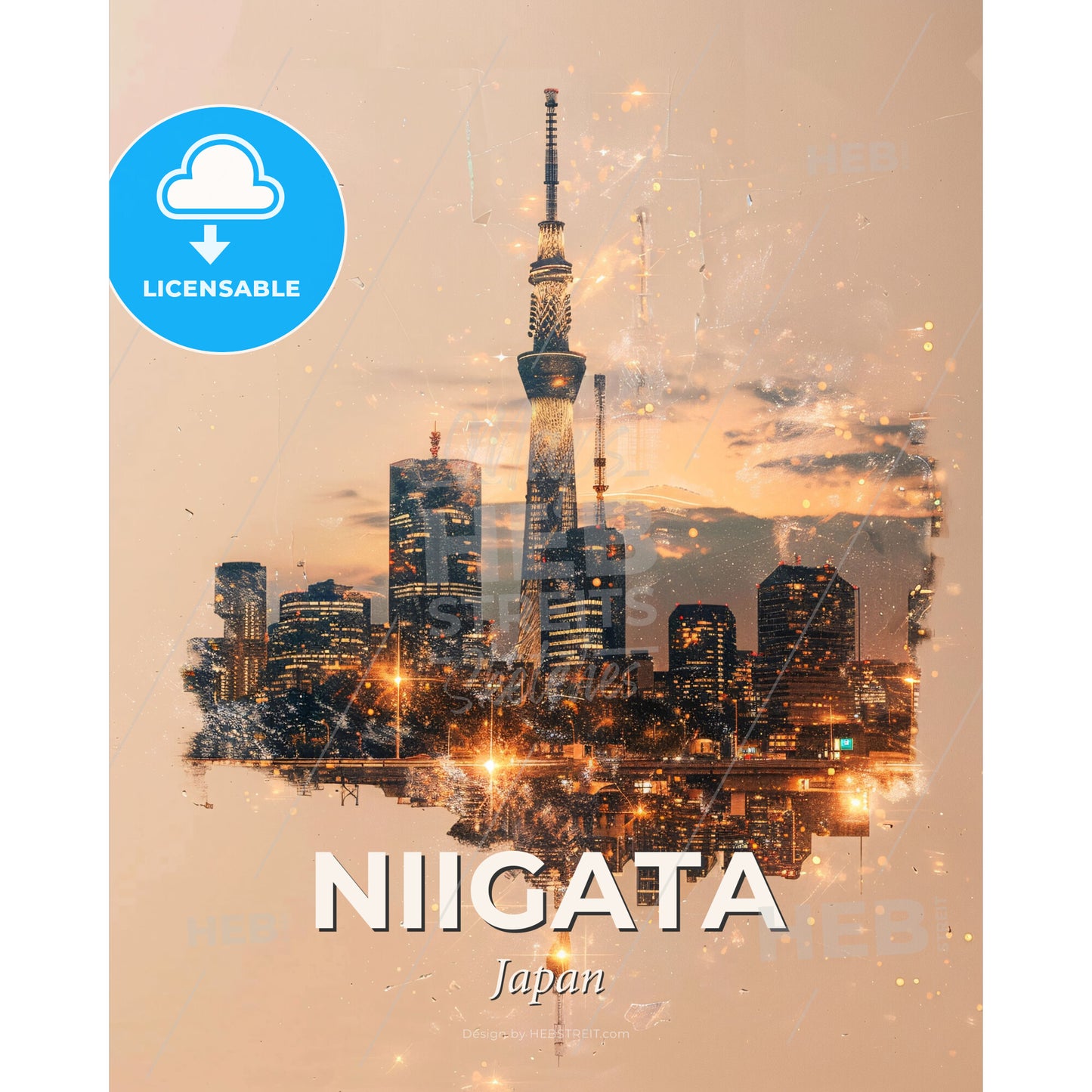 Niigata Skyline Double Exposure Composite Art - A city skyline with a tall tower - Square format print template