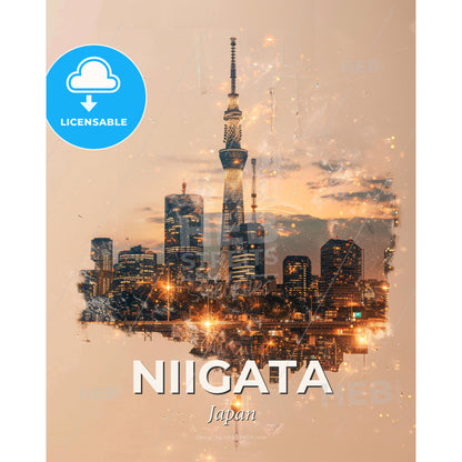 Niigata Skyline Double Exposure Composite Art - A city skyline with a tall tower - Square format print template