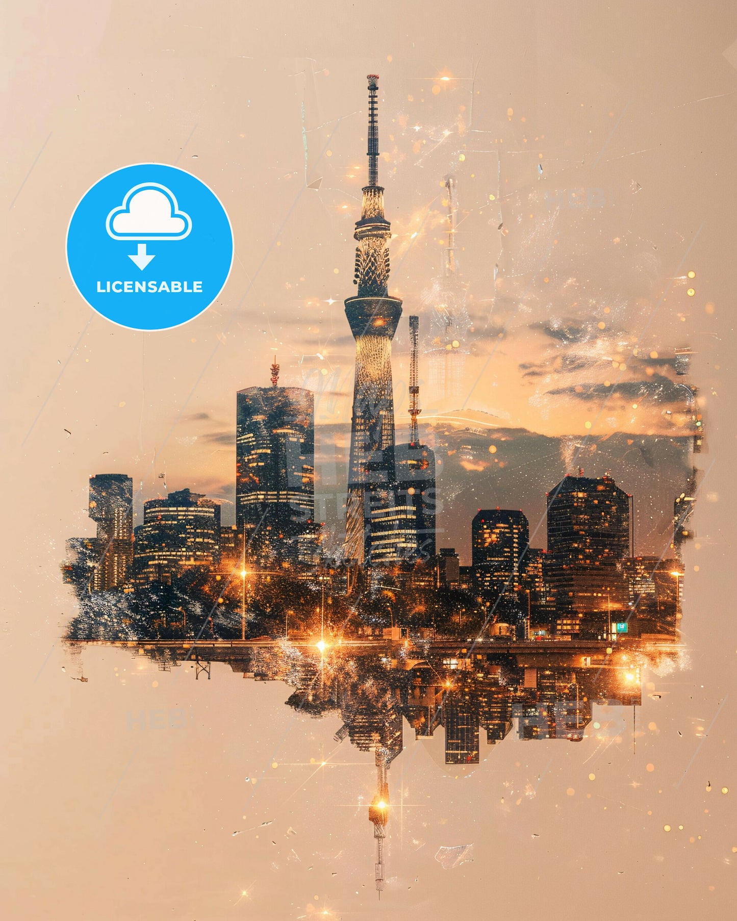 Niigata Skyline Double Exposure Composite Art - A city skyline with a tall tower