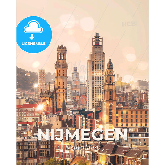Nijmegen Skyline Composite Art Poster, Bright Beige - A city with tall buildings - Square format print template