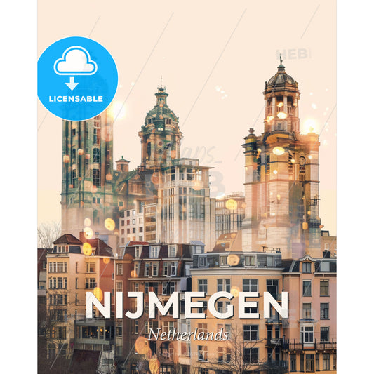 Nijmegen City Skyline Colorful Art Deco Panorama Print - A city with many buildings - Square format print template