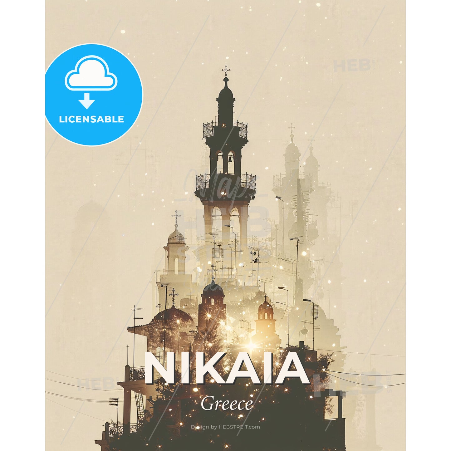 Nikaia: City Skyline Silhouette Composite Art Poster - A building with a tower and a tree - Square format print template