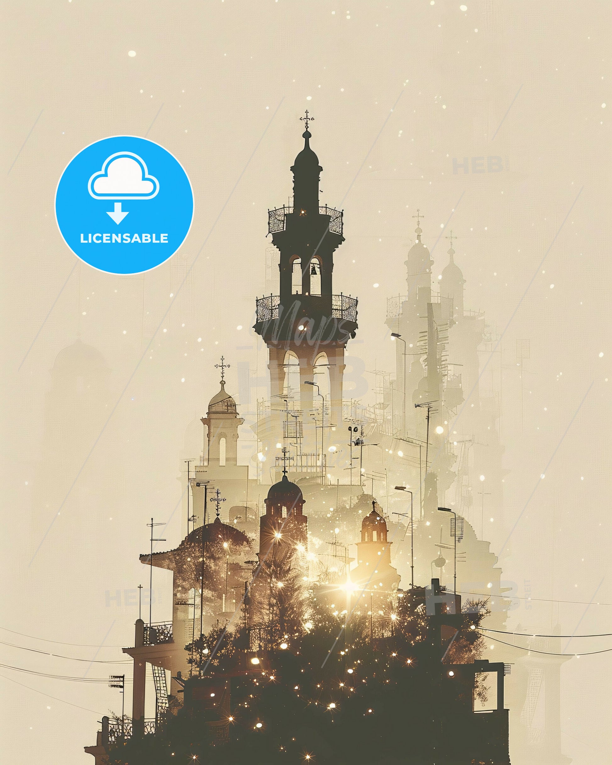 Nikaia: City Skyline Silhouette Composite Art Poster - A building with a tower and a tree