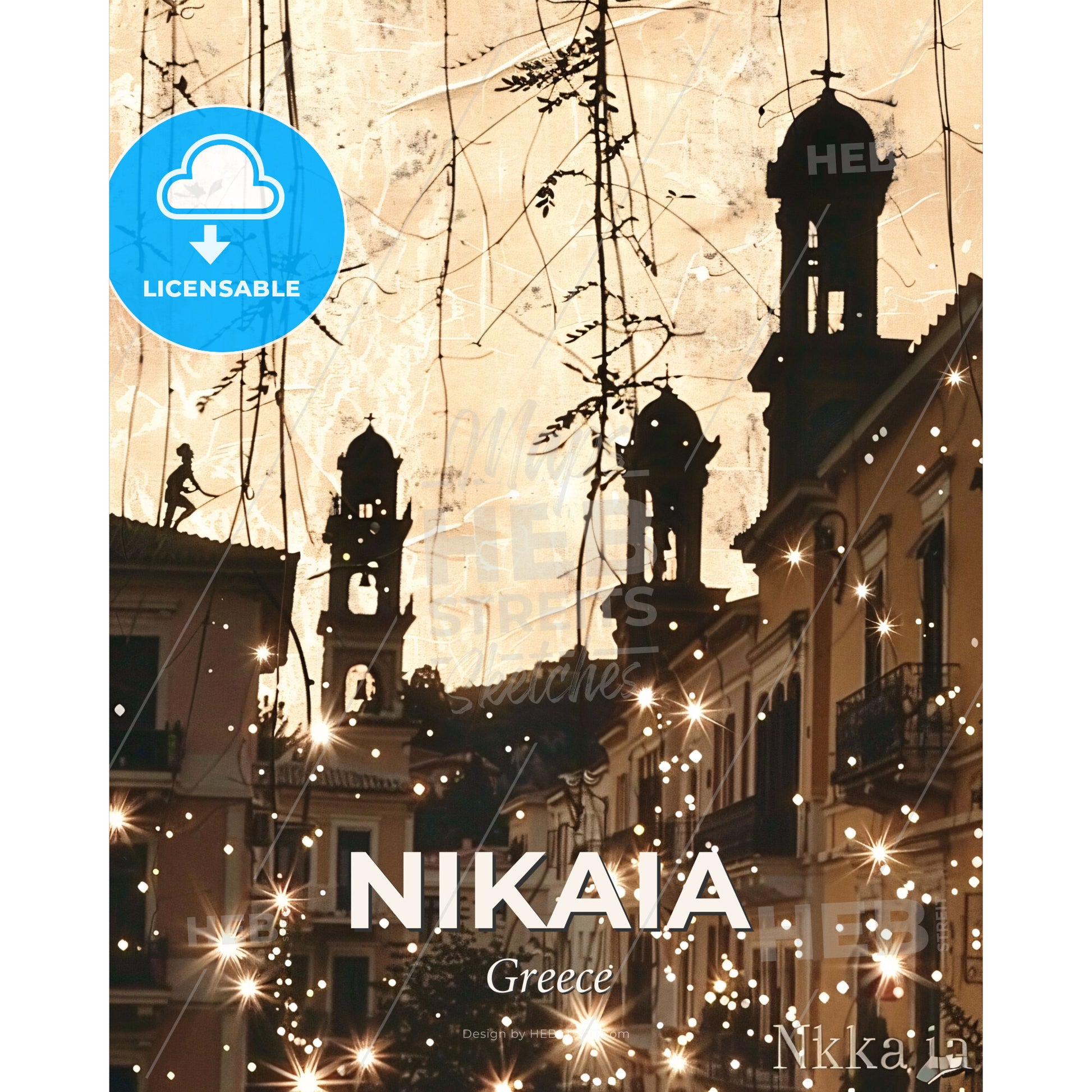 Nikaia City Skyline, Double Exposure, Poster Art - A building with lights on it - Square format print template