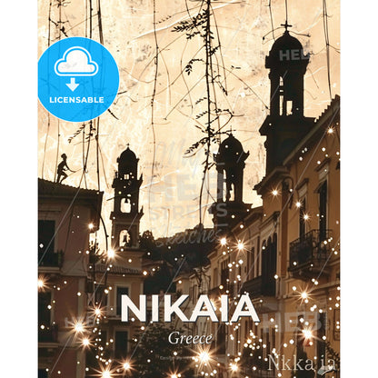 Nikaia City Skyline, Double Exposure, Poster Art - A building with lights on it - Square format print template